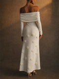 Womens White Off Shoulder 3D Floral Long Sleeve Maxi Dress