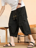 Men's Black Stylish Chinese Style Baggy Lantern Capri Pants