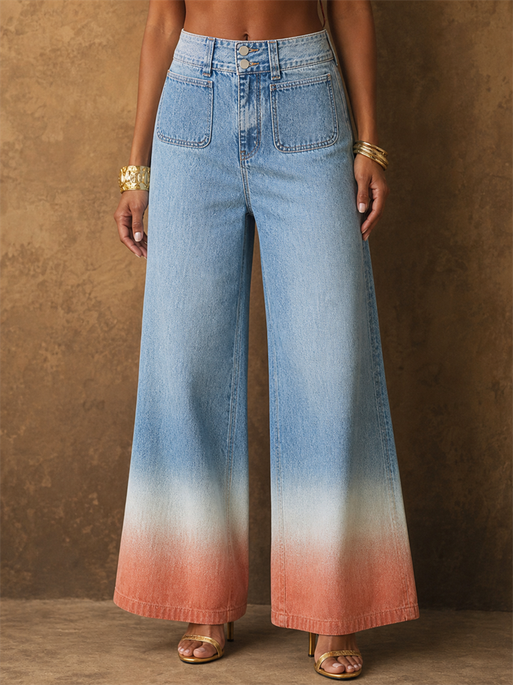 Women High Waisted Wide Leg Ombre Gradient Denim Jeans