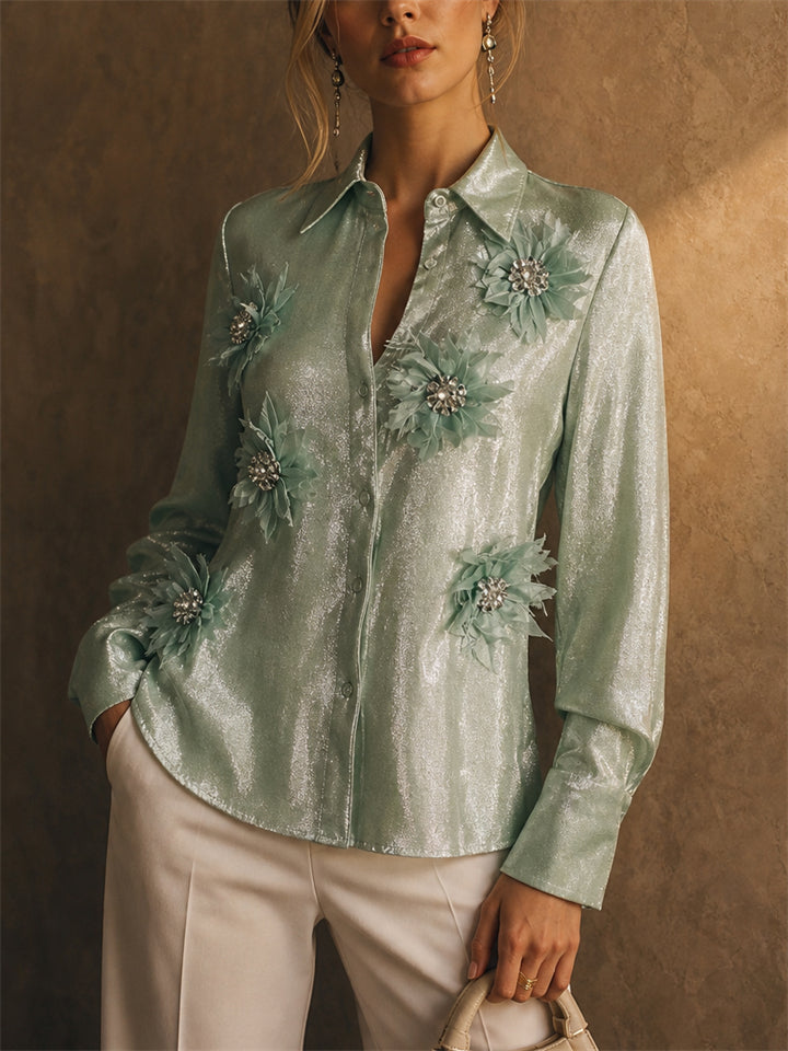 Women Metallic 3D Floral Button Down Long Sleeve Party Top