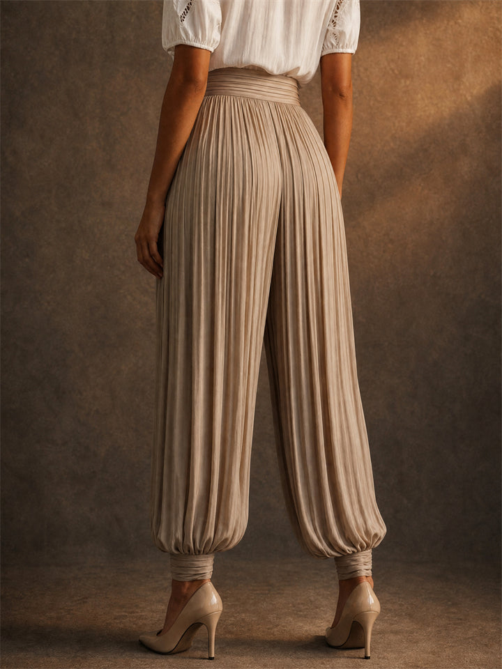 Women Khaki High Waist Boho Chic Pleated Harem Pants