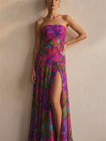 Women Strapless Floral Slit Summer Holiday Wedding Gown Maxi Dress