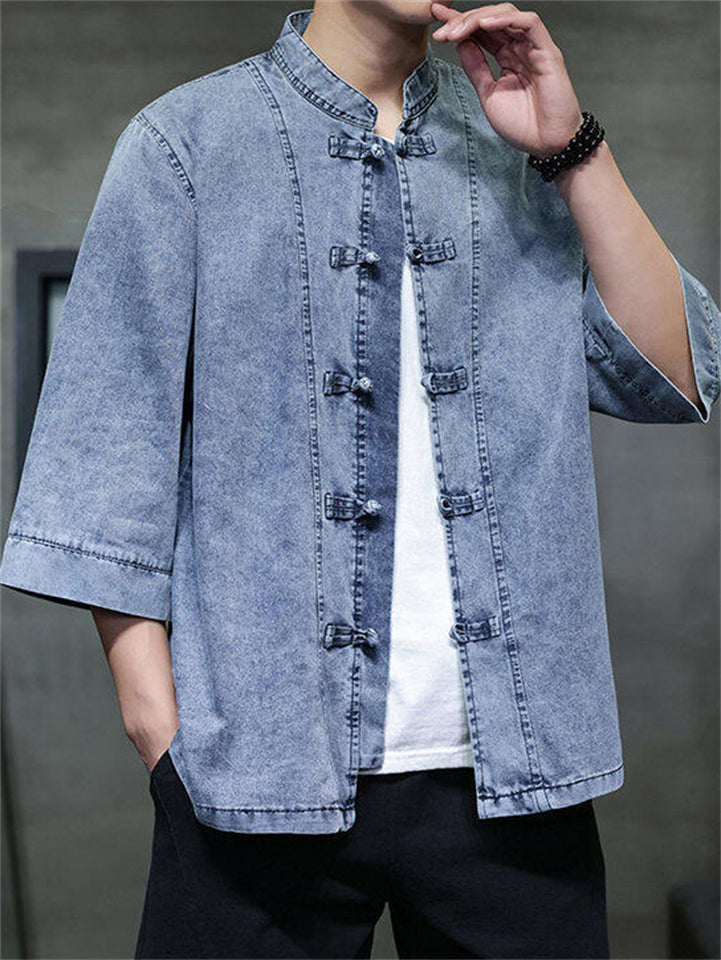 Chinese Style Retro Stand Collar Frog Button 3/4-sleeved Denim Shirt