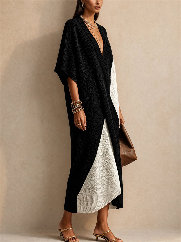Women V Neck Batwing Sleeve Knit Colorblock Maxi Dress