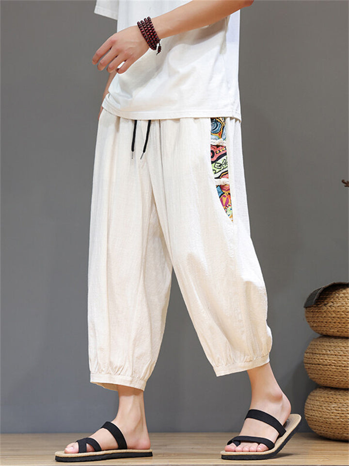 Men's Retro Ethnic Style Contrast Color Casual Beach Capri Pants