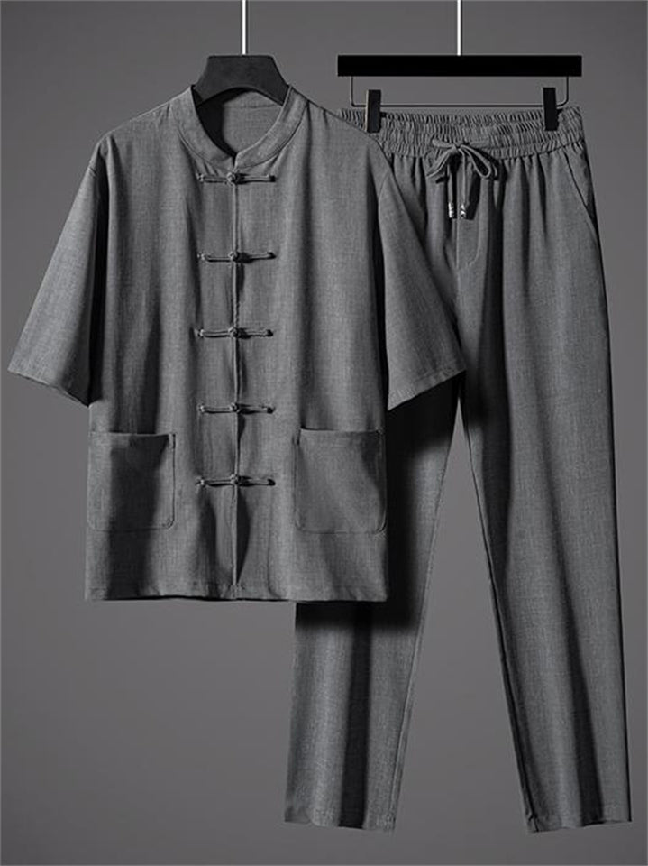 Men's Comfy Simple Chinese Style Summer Short Sleeve Tangsuit Outfits
