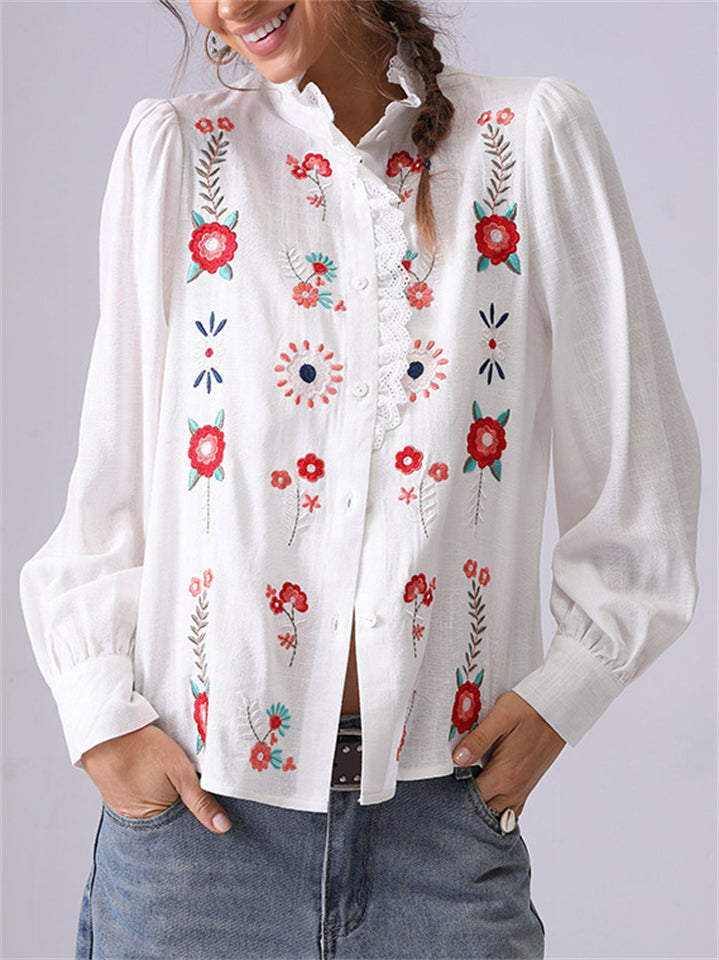 Women's White French Style Flowers Embroidery Ruffled Shirt