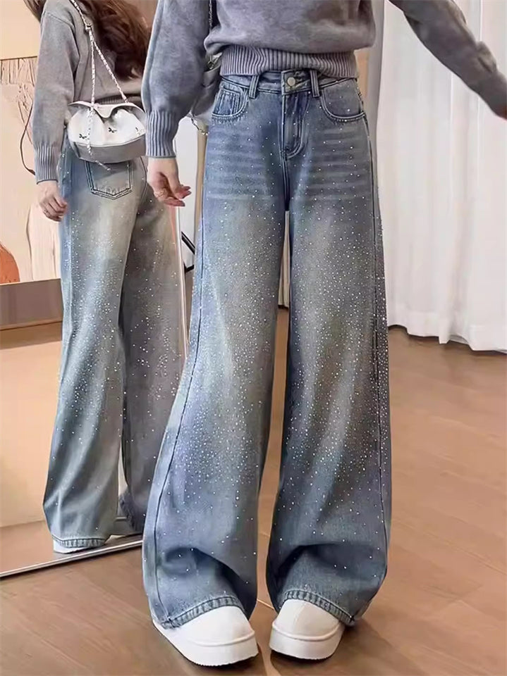 Women's Spring Rhinestone High Waist Staight Wide Leg Jeans