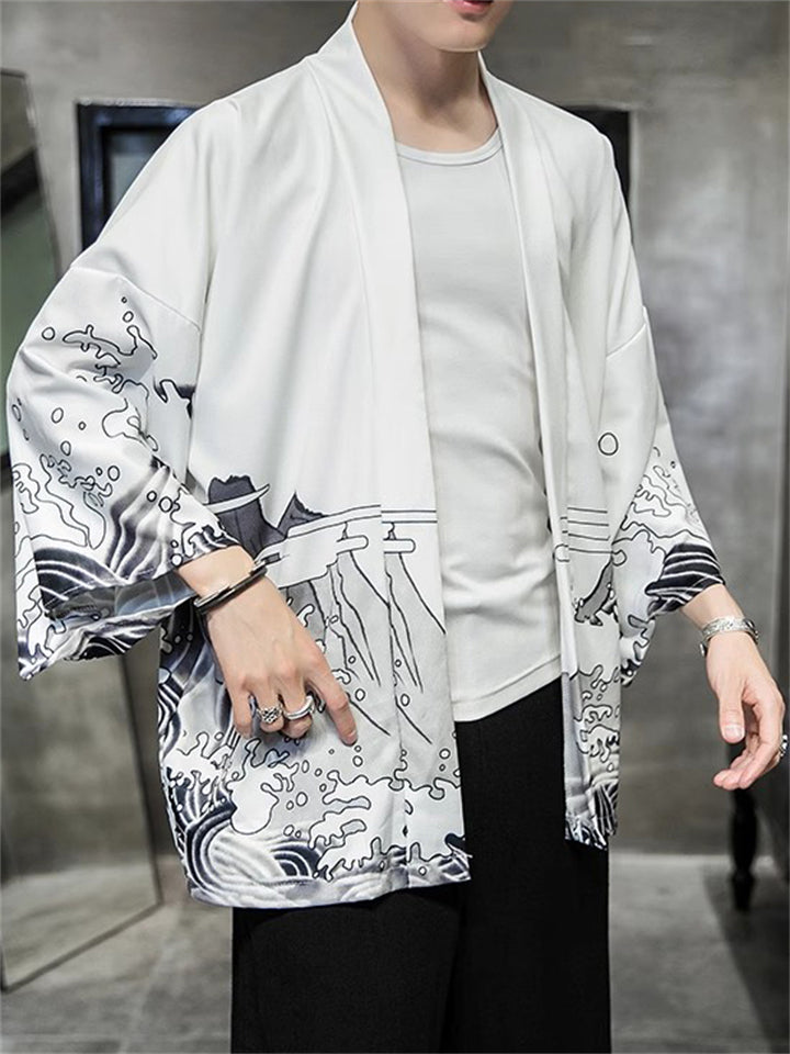 Loose Chinese Zen Style Print Long Sleeve Cardigan for Men