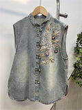 Women's Casual Korean Style  Embroidery Denim Vest Jacket