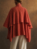 Women Red Plaid Capelet Jacket Oversized Drawstring Top