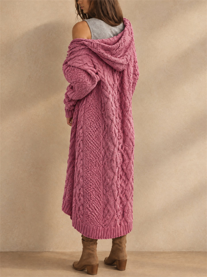 Women Cable Knit Hooded Cardigan Long Open Front Sweater Coat