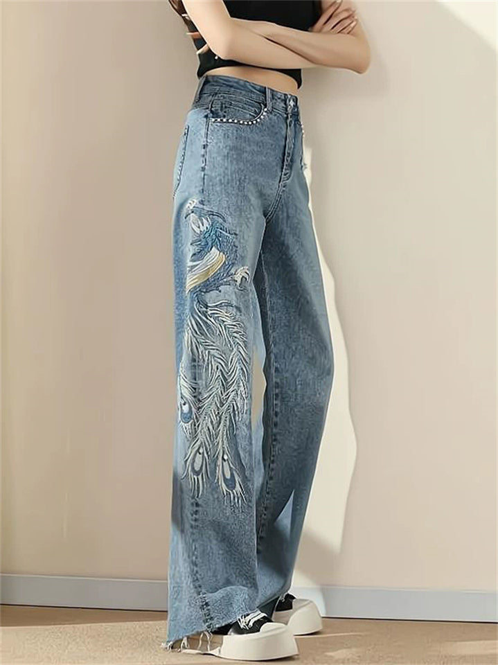 Women's High Waist Peacock Embroidery Denim Pants