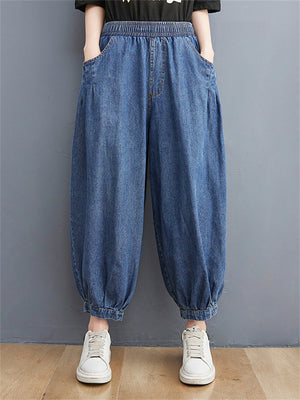 Casual Loose Blue High Waist Harem Jeans for Women