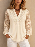 Women Lace Crochet V Neck Long Sleeve Button Down Blouse