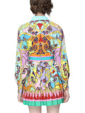 Women's 2Pcs Blue Contrast Color Print Lapel Shirt & Pleated Skirt Set