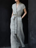Women's V-Neck Linen Short Sleeve Maxi Tie Waist Dress
