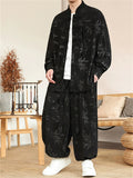 Oriental Corduroy Button Leaf Pattern Jacket  and Loose Drawstring Pants Set for Men