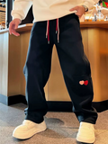 Men's Fleece-Lined Heart Embroidered Regular Fit Casual Pants