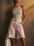Women Pink High Waisted Frayed Hem Belt Denim Cargo Shorts