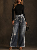 Women Mid-Waist Patchwork Distressed Baggy Wide Leg Denim Jeans