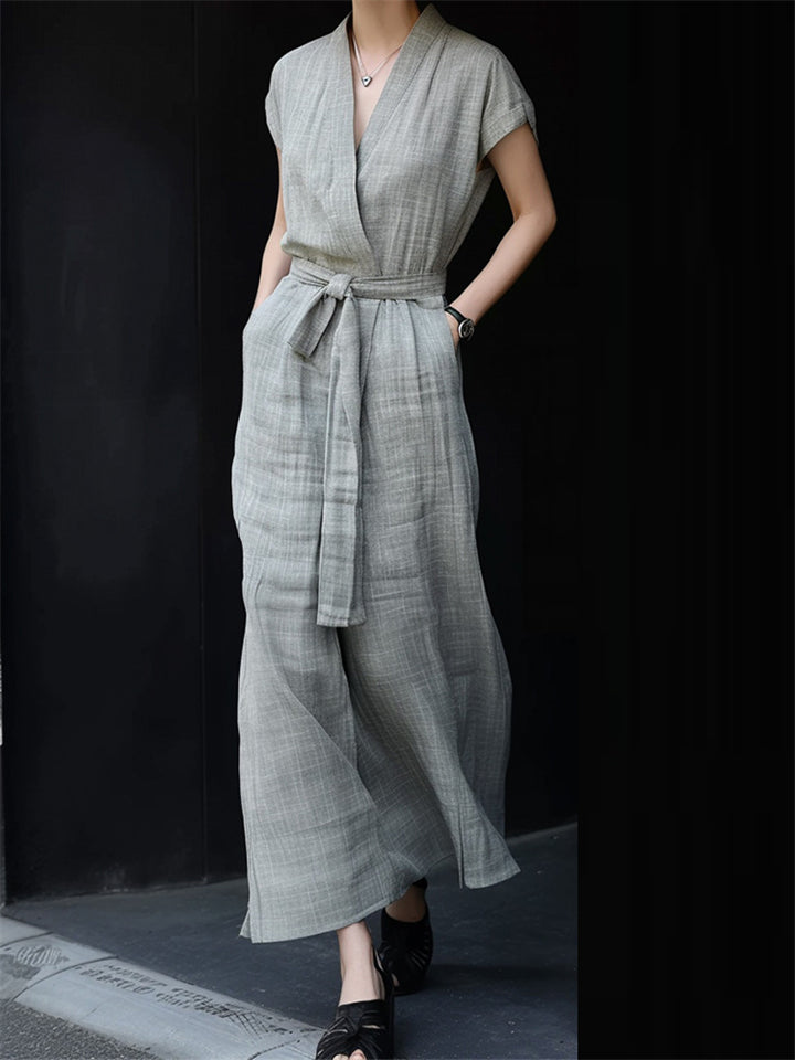 Women's V-Neck Linen Short Sleeve Maxi Tie Waist Dress