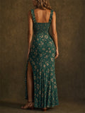 Womens Floral Smocked Ruffle High Slit Boho Summer Dress