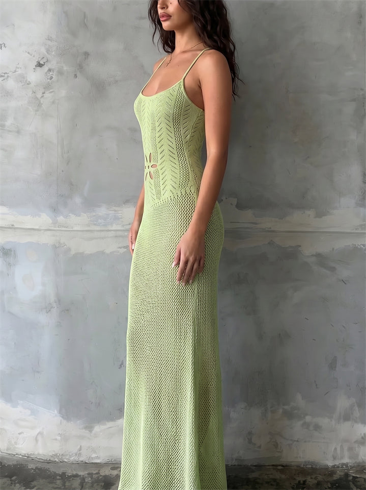 Women's Boho Style Crochet Knit Backless Flower Cutout Beach Maxi Dress
