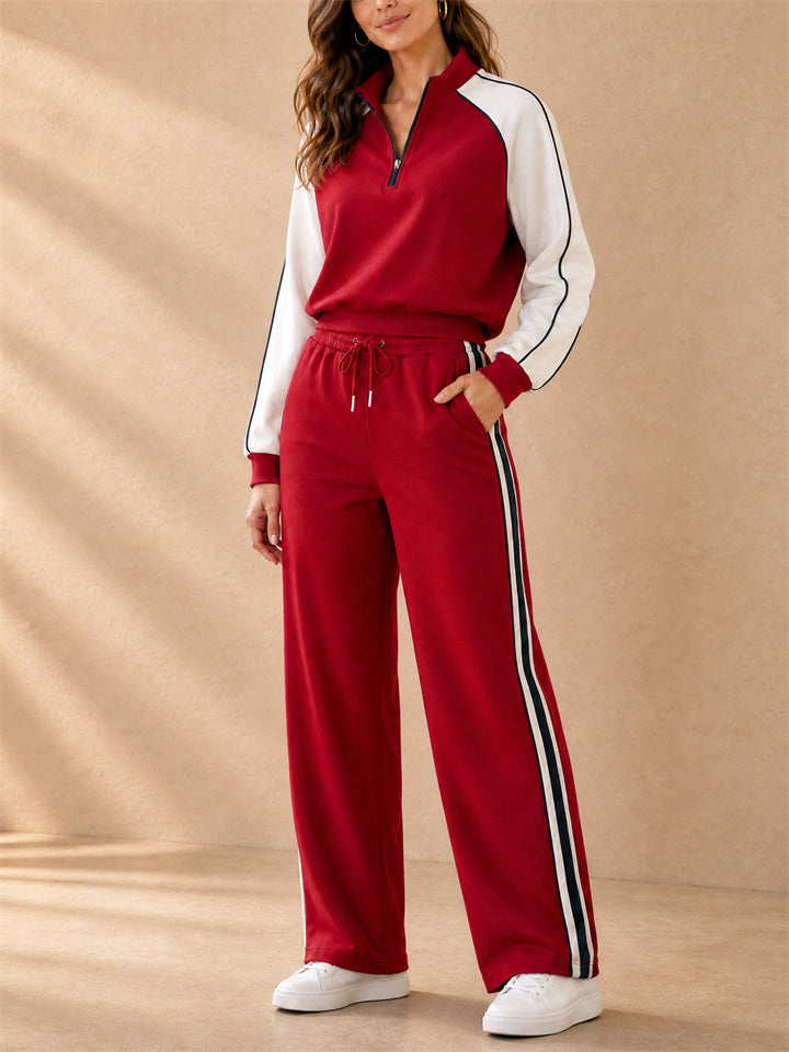 Women Lounge Wear Half Zip Red Stripe Tracksuit Set