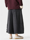 Men's Autumn Solid Color Drawstring Wide Leg Pants with Buttons Decor