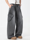 Men's Distressed Solid Color 3D Pockets Wide Leg Straight Jeans