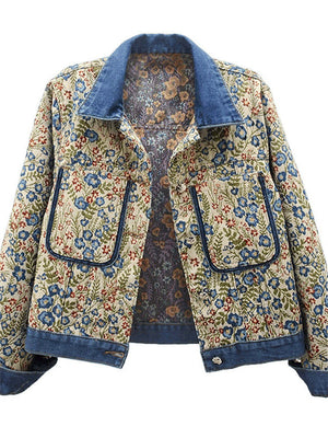Women's Vintage Autumn Floral Jacquard Patchwork Lapel Jackets