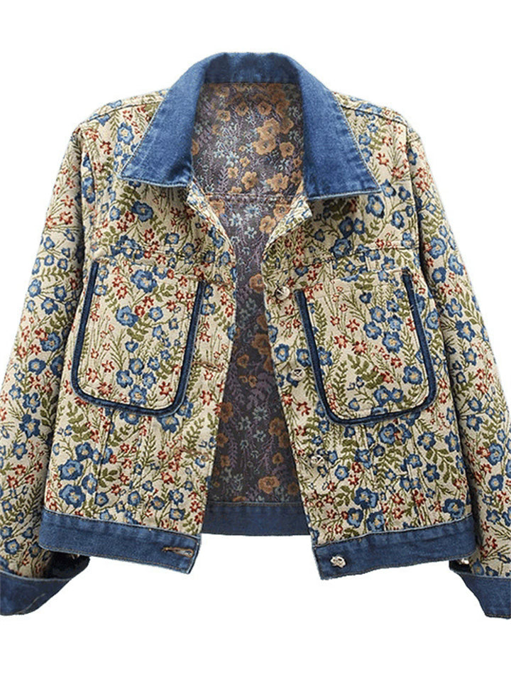 Women's Vintage Autumn Floral Jacquard Patchwork Lapel Jackets