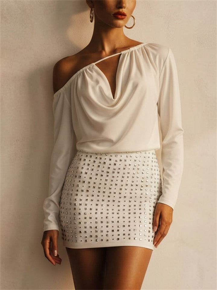 Women White One Shoulder Backless Studded Mini Party Dress