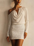 Women White One Shoulder Backless Studded Mini Party Dress