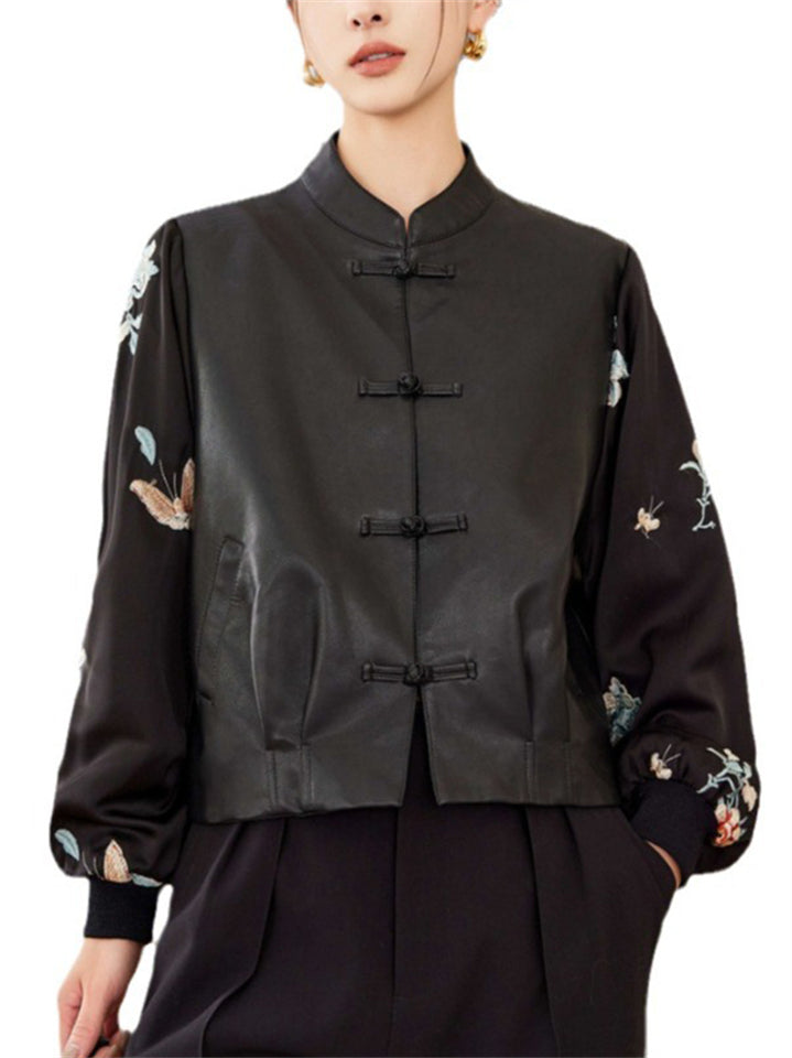 Women's Black PU Leather Patchwork Stand Collar Jackets