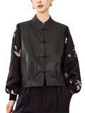 Women's Black PU Leather Patchwork Stand Collar Jackets