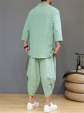 Men's 2Pcs Retro Chinese Style Casual Solid Color 3/4 Sleeve V Neck Outfits