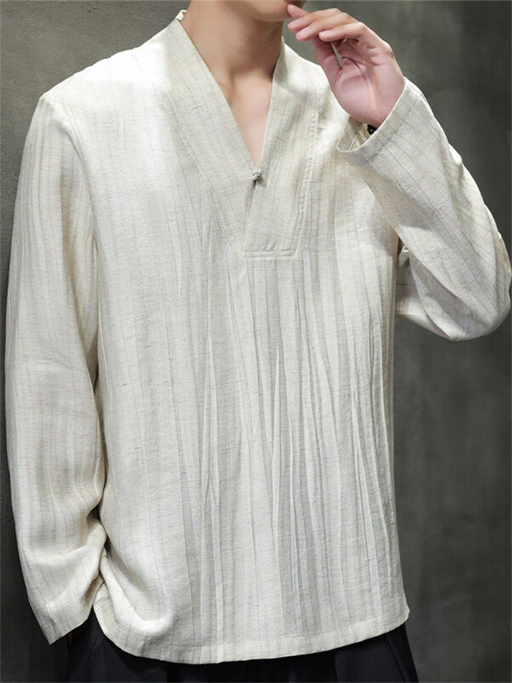 Retro Oriental Style Long Sleeve V-Neck Tang Suit Shirt For men