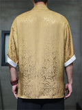 Men's Chinese Style Jacquard Short Sleeve Shirt with Stand Collar