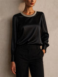 Women Faux Pearl Neck Long Sleeve Top Satin Blouse