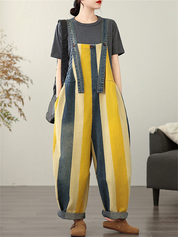 Women's Contrast Color Stripe Overall Denim Cropped Jumpsuits