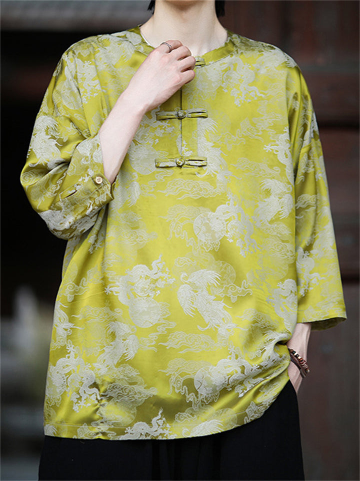 Cool Loose Oriental Style Print 3/4-sleeved Shirt for Men