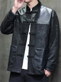 Men's Chinese Style PU Leather Suede Patchwork Tangsuit Jacket with Calligraphy Print