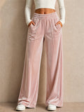 Womens Grunge Style Velvet Elastic High Waisted Wide Leg Pants
