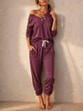 Women Viscose Lounge Set Button Down Off Shoulder Top Drawstring Pants