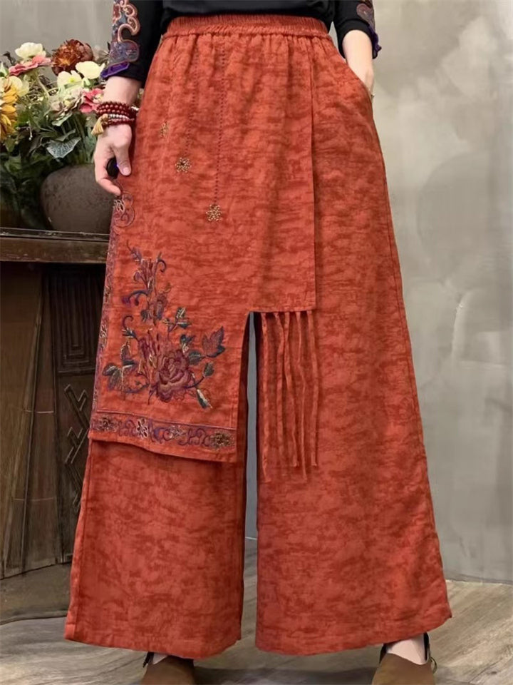 Women's Ethnic Style Floral Embroidered Fringe Patchwork Wide Leg Pants