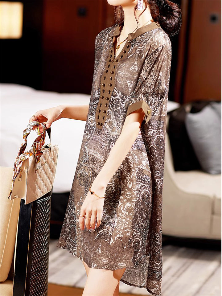 Summer V-neck Retro Printed Short-sleeve Beaded Shirt For Women