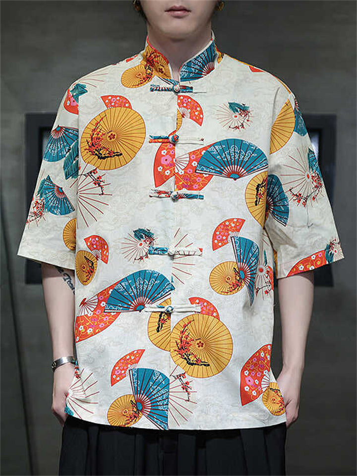Men's Summer Print Stand Collar Half Sleeve Tang Suit Shirts