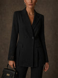 Women Rhinestone Double Breasted Slit Hem Blazer Jacket